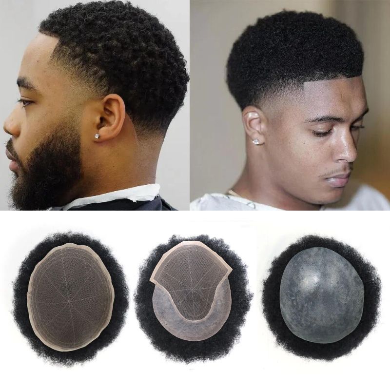 Men's Hair Afro Men's Toupee Wig 360 Wave Hairpiece 100% Human Hair Replacement Toupee for African American 10x8 Base Size 1B Color