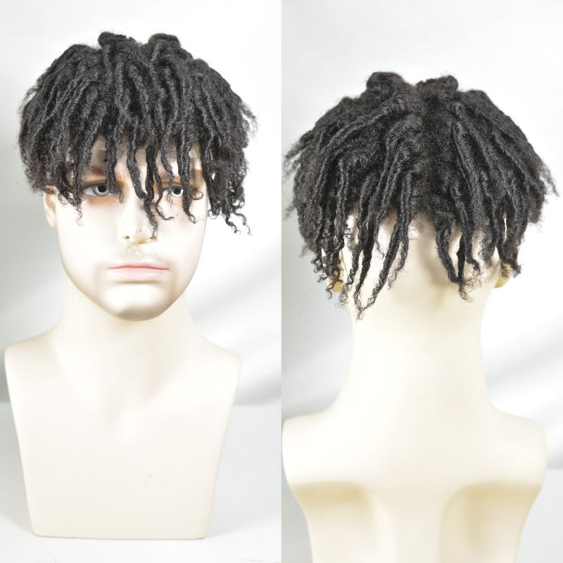 Afro Short Twist Toupee for Men Afro Curly  Men's Toupee Full Swiss Lace 100% Indian Human Hair 10x8 inch Hair System 130% Density Hair Replacement Natural Black