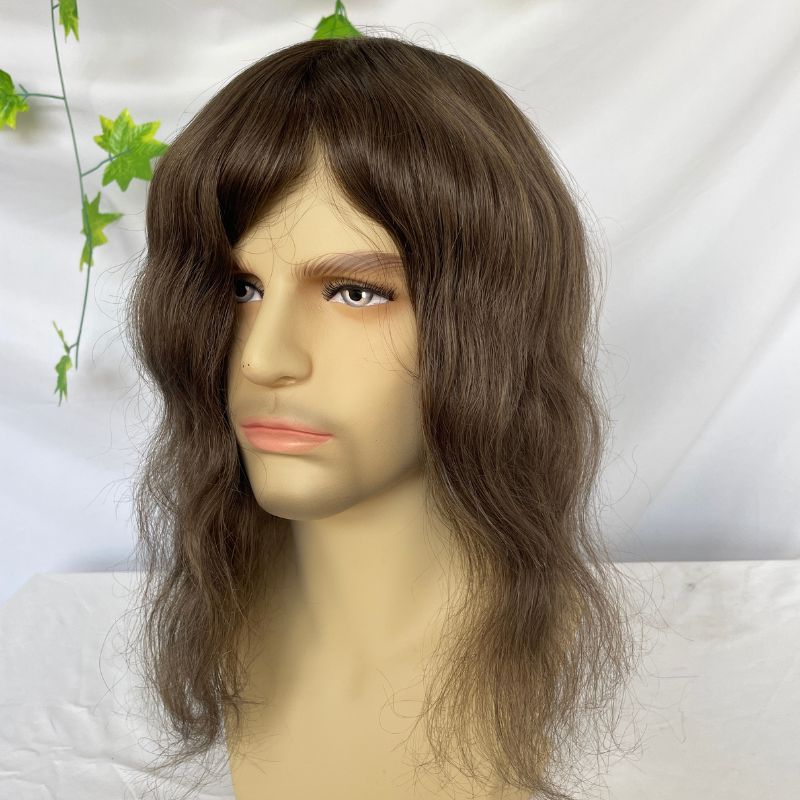 12 Inch Long Toupee for Man  European Remy Human Hair Light Brown V-loop Super Skin Base Full PU Human Hair System for Man Hair Wig Natural Toupee #4 Brown Color Hair Replacement Systems 8X10inch