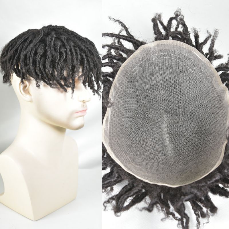 Afro Short Twist Toupee for Men Afro Curly  Men's Toupee Full Swiss Lace 100% Indian Human Hair 10x8 inch Hair System 130% Density Hair Replacement Natural Black