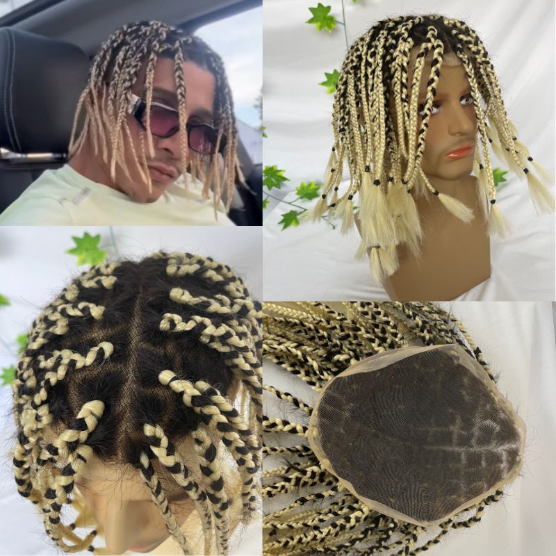 Toupee for 1B Human Hair Mix 613 Blonde Synthetic Hair Transparent Full Lace Base Box Braids Toupee For Men Women and Kids Length After Braide 10inch