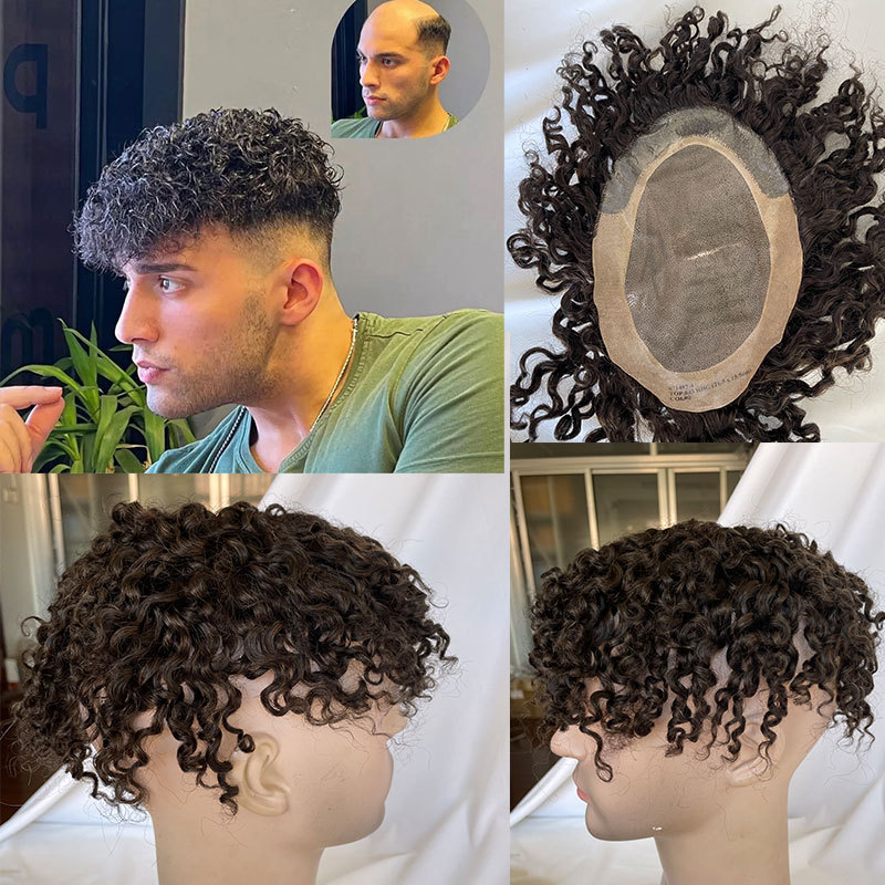 Curly Human Hair Toupee for Men - Monofilament Base, 8x6 in Hair Replacement System