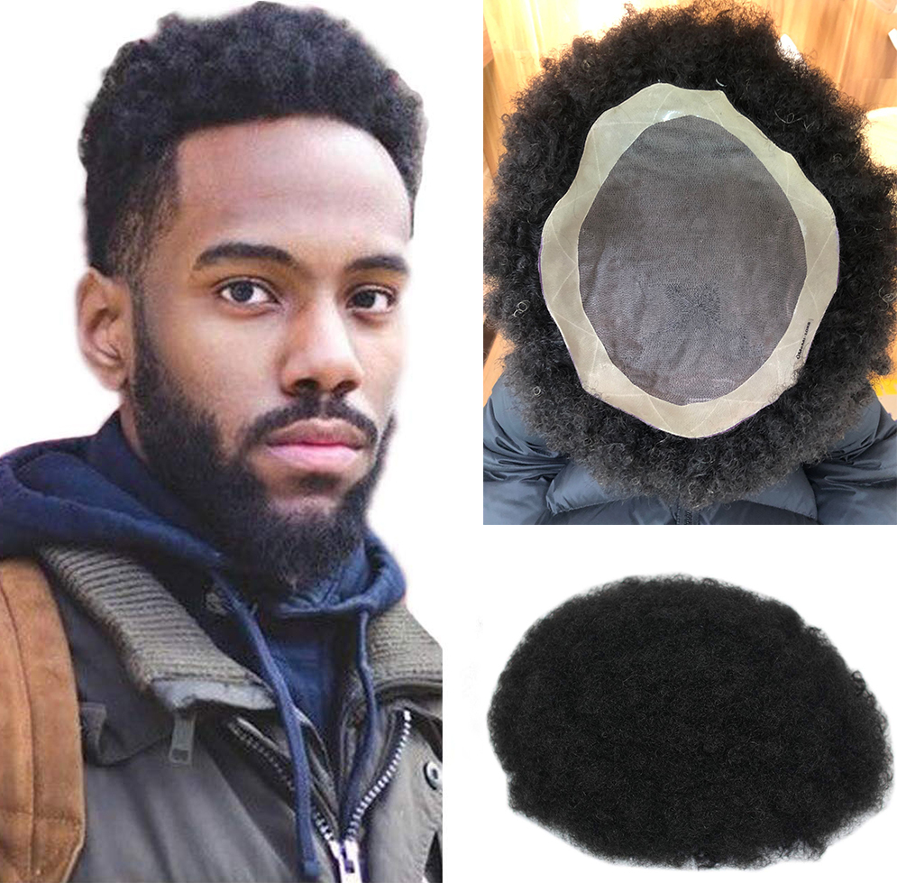 African American Wigs Mono Lace with PU Base Mens Hairpiece 150% Medium Density Afro Tight Curly Human Hair Toupee 1B