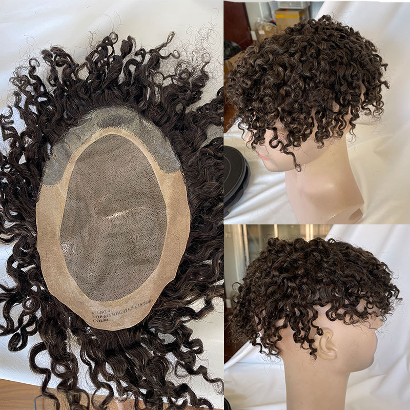 Curly Human Hair Toupee for Men - Monofilament Base, 8x6 in Hair Replacement System