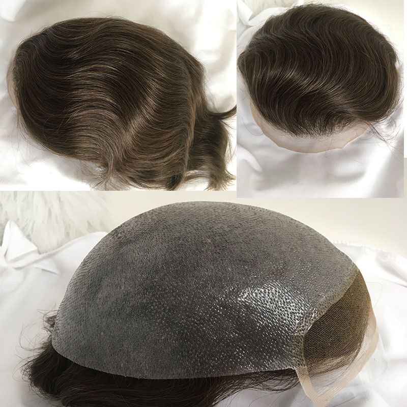 Human Hair Toupee for Men - Thin Skin + French Lace Base, 8x10 in, Bleached Knots Hair Replacement System