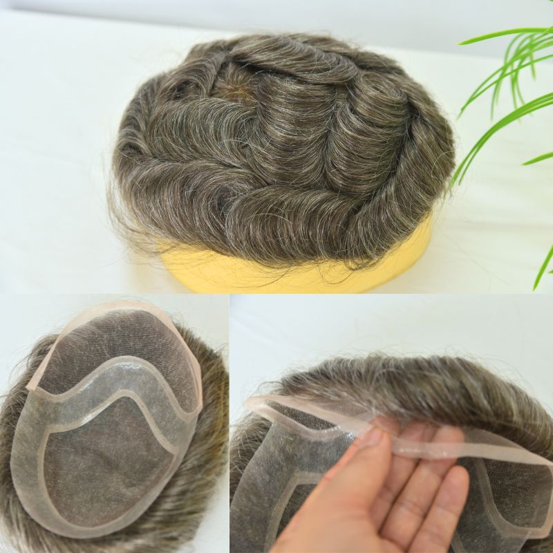 Custom Toupee Hollywood French Lace Front PU Around Fine Mono Hair System  For Men