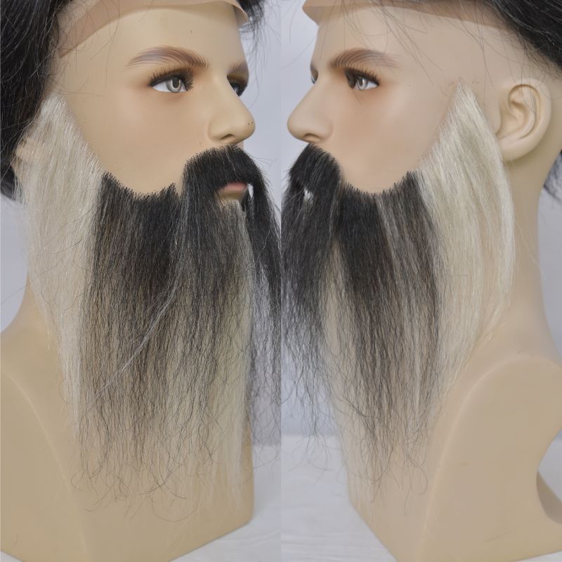 Long Face Fake Beard Black and White 100% Human Hair Face Beard Mustache For Men Fake Beard Swiss Lace Real Handmade Light Beard For Man Invisible Beard