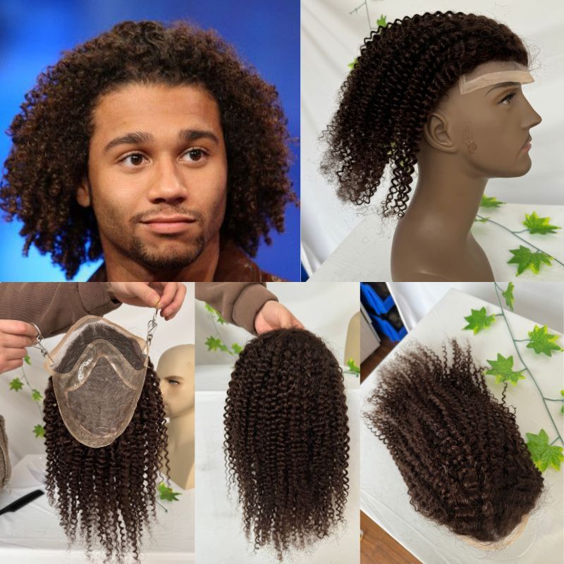 Voloria Hair Toupee Long Toupee For Men Brown 3# Color 12inch Human Hair Best Mono Lace With PU Toupee Men Wigs Afro Kinky Curly 10X8inch Toupee Men's Wigs