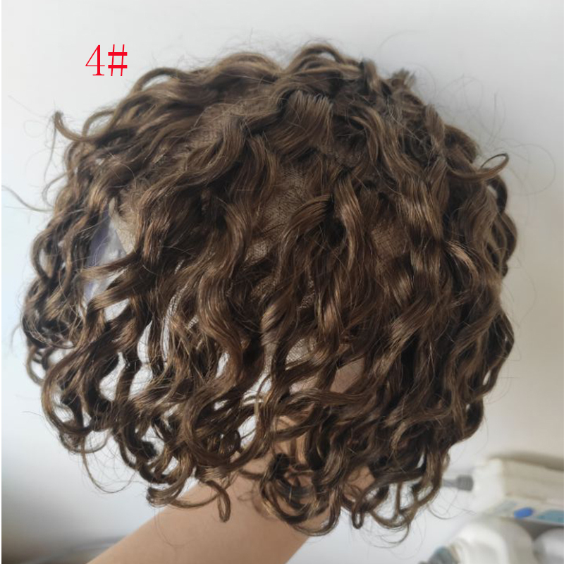 Full French Lace Mens Toupee Loose Wave European Human Hair Replacement Systems for Men Hairpiece 10x8inch 4# Brown Color