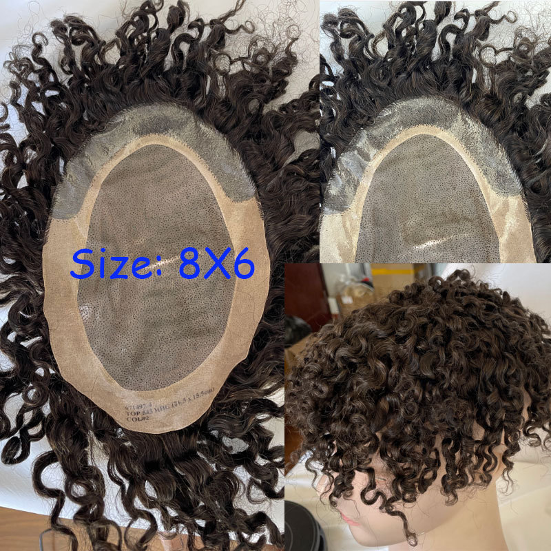 Curly Human Hair Toupee for Men - Monofilament Base, 8x6 in Hair Replacement System