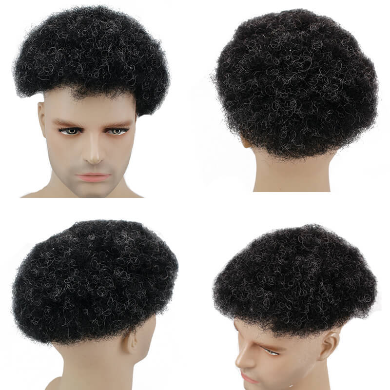 Afro Curly Human Hair Men's Toupee with 1B Mixed 10% Grey Hair Size 10x8 Thin Skin Hairpiece Hair Replacement System