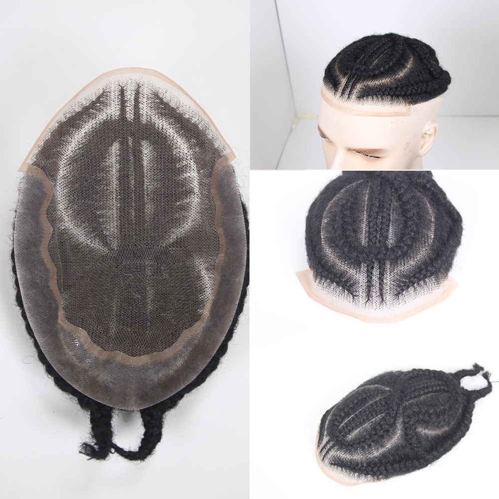 Q6 Braids Full Lace Base Toupee Men's Wig Male Hair Prosthesis Crochet Braids Lace afro Wigs 100% Human Hair Piece Systems For Black Men 8X10inch Black Color