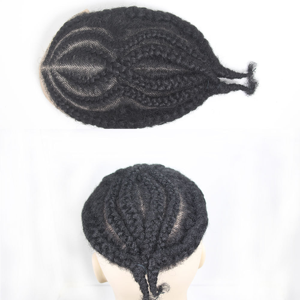 Q6 Braids Full Lace Base Toupee Men's Wig Male Hair Prosthesis Crochet Braids Lace afro Wigs 100% Human Hair Piece Systems For Black Men 8X10inch Black Color