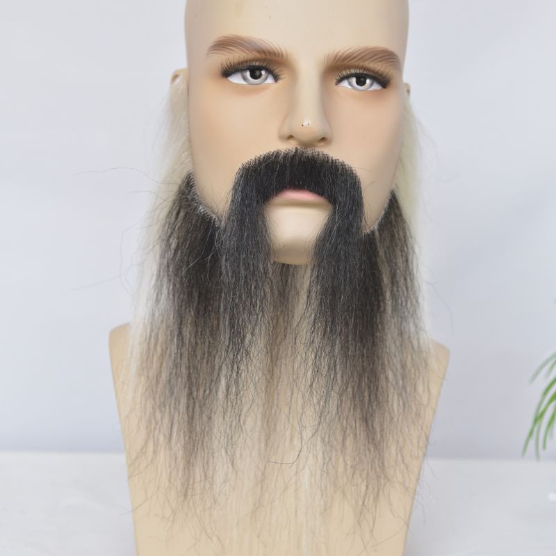 Long Face Fake Beard Black and White 100% Human Hair Face Beard Mustache For Men Fake Beard Swiss Lace Real Handmade Light Beard For Man Invisible Beard