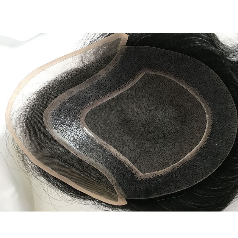 NLW Hair System Human hair Toupee for Men with 10x8" Soft French Lace Cap and clearly PU Around Slight Wave Men's Toupee 1B/20Grey Hair Color