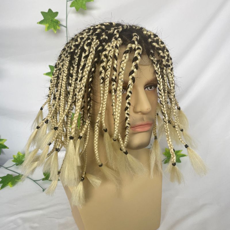 Toupee for 1B Human Hair Mix 613 Blonde Synthetic Hair Transparent Full Lace Base Box Braids Toupee For Men Women and Kids Length After Braide 10inch