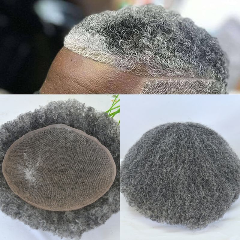 Voloria Hair 360 Wave Afro Curly Toupee For Men Swiss Full Lace Men's Toupee 1B50 50% Black Human Hair Mixed with 50% Synthetic Grey Hair 8x10inch Hair System