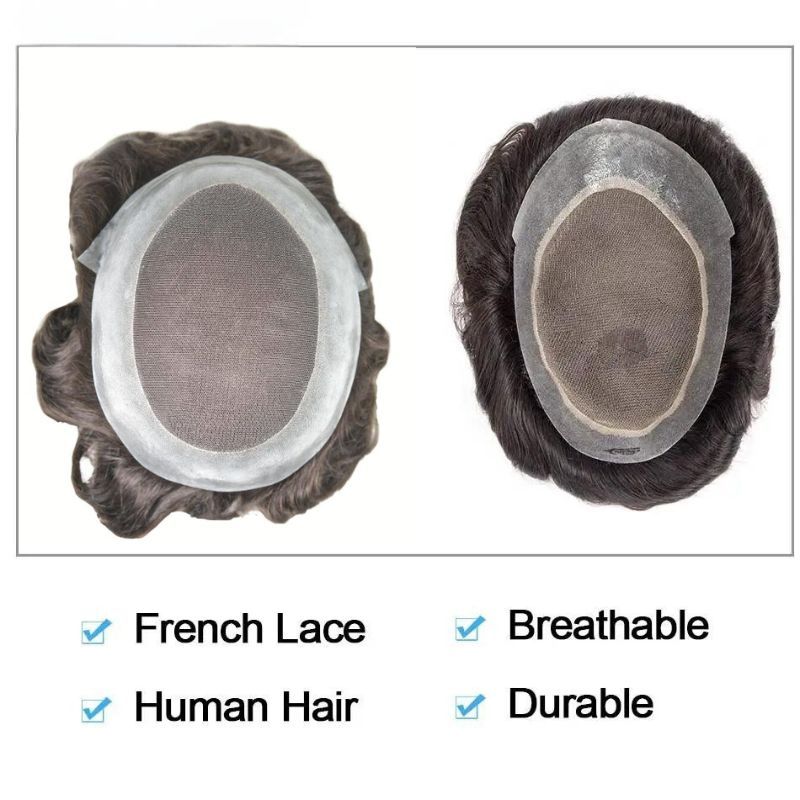 Men's Toupee Durable PU Skin Base with Soft French Lace Hairpieces 100% Human Hair Toupee for Men 2# Dark Brown  Hair  System Men Wigs