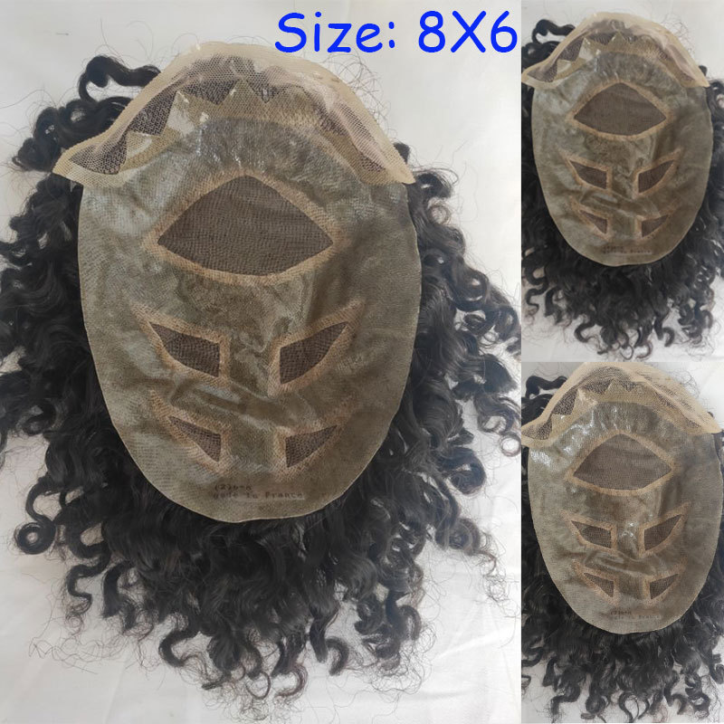 Curly Human Hair Toupee for Men - Monofilament Base, 8x6 in Hair Replacement System