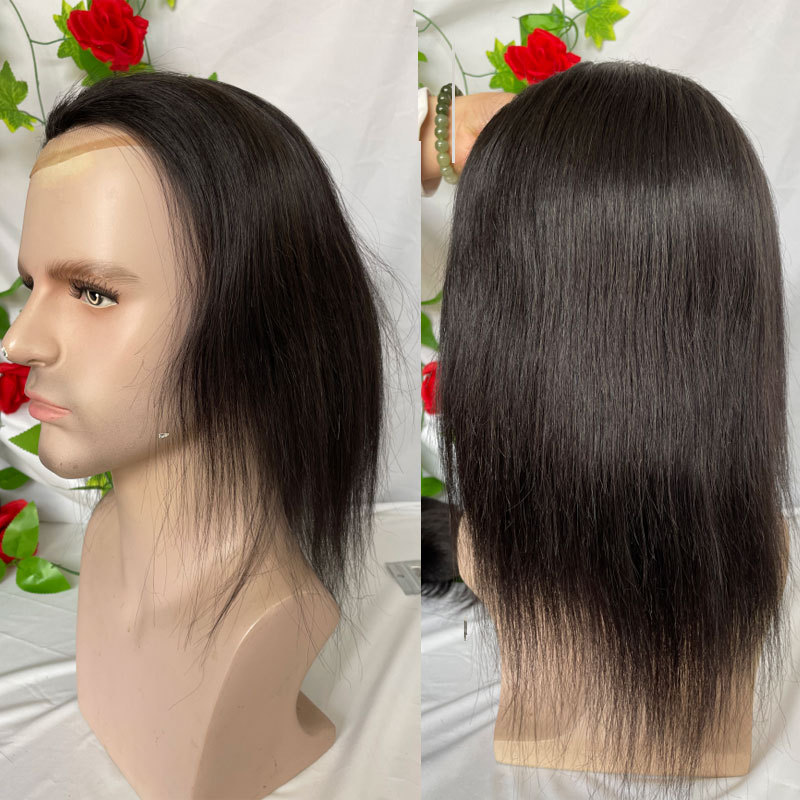 Voloria Long Hair Men's Toupee 12inch 100% Virgin Human Hair Toupee Replacement Systems For Men Wigs 10"x8" Base Size Brown Ombre Ash Blonde Color