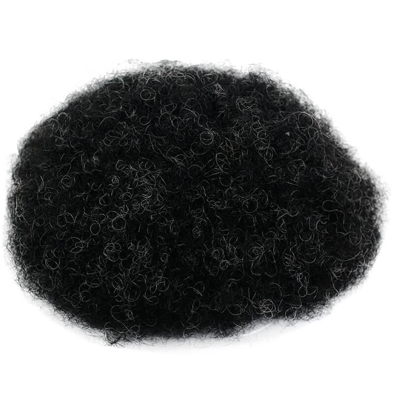 Afro Curly Human Hair Men's Toupee with 1B Mixed 10% Grey Hair Size 10x8 Thin Skin Hairpiece Hair Replacement System
