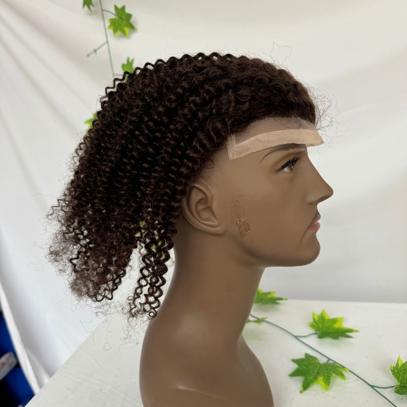 Voloria Hair Toupee Long Toupee For Men Brown 3# Color 12inch Human Hair Best Mono Lace With PU Toupee Men Wigs Afro Kinky Curly 10X8inch Toupee Men's Wigs