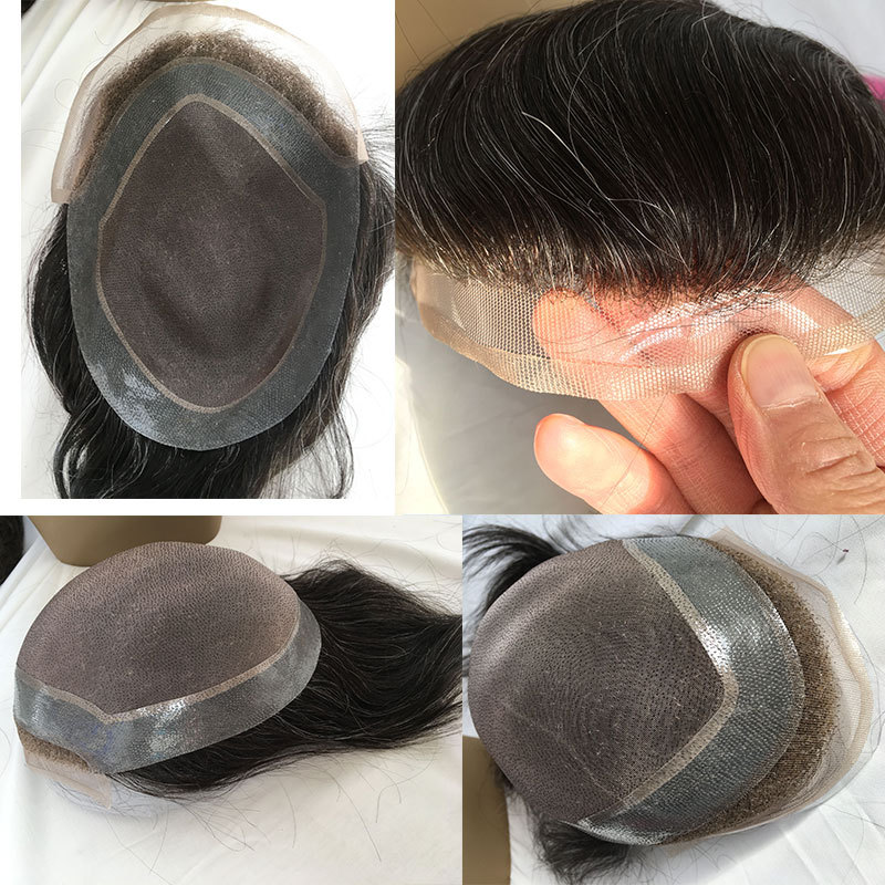 NLW Hair System Human hair Toupee for Men with 10x8" Soft French Lace Cap and clearly PU Around Slight Wave Men's Toupee 1B/20Grey Hair Color
