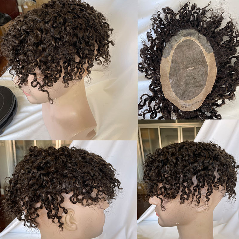 Curly Human Hair Toupee for Men - Monofilament Base, 8x6 in Hair Replacement System