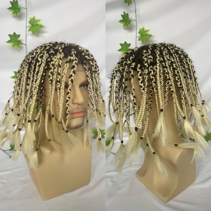 Toupee for 1B Human Hair Mix 613 Blonde Synthetic Hair Transparent Full Lace Base Box Braids Toupee For Men Women and Kids Length After Braide 10inch