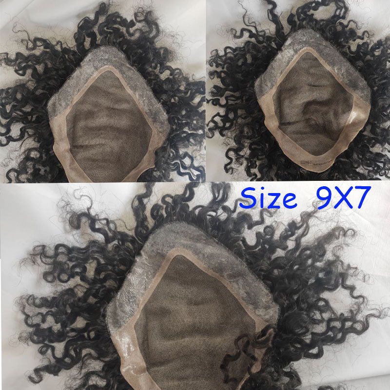 Curly Human Hair Toupee for Men - Monofilament Base, 8x6 in Hair Replacement System