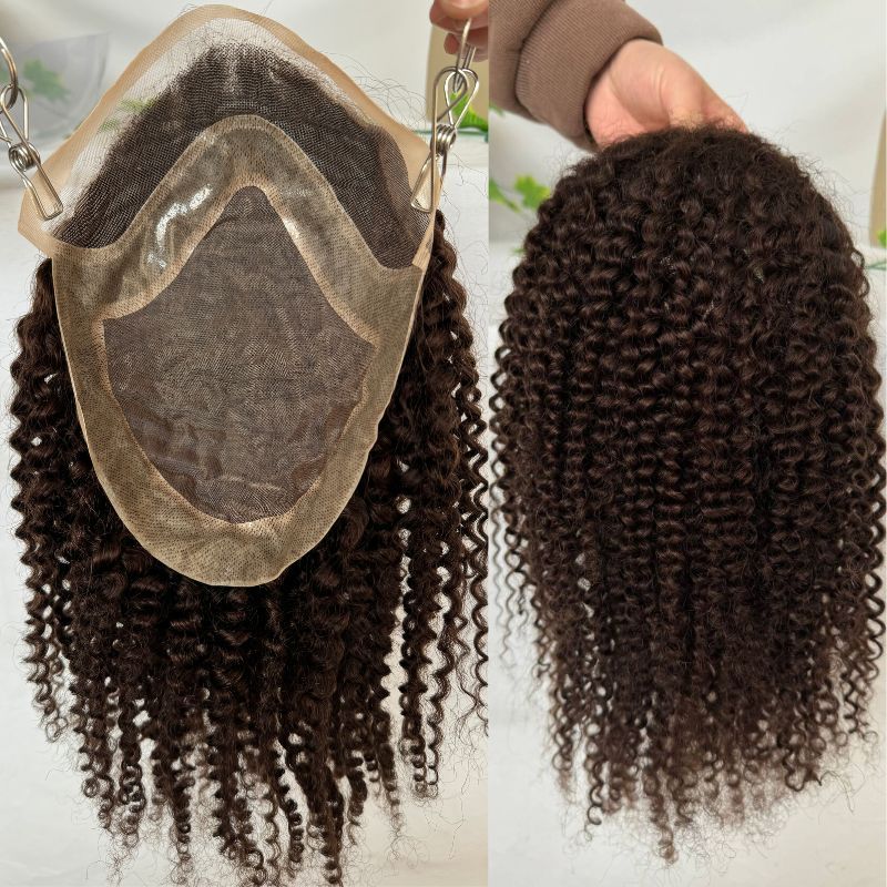 Voloria Hair Toupee Long Toupee For Men Brown 3# Color 12inch Human Hair Best Mono Lace With PU Toupee Men Wigs Afro Kinky Curly 10X8inch Toupee Men's Wigs