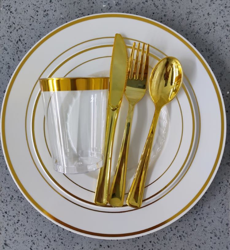 6", 7.5", 9", 10.25" gold/silver Dinnerware set, Gold/silver Rims Plastic Plates