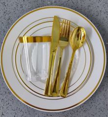 6", 7.5", 9", 10.25" gold/silver Dinnerware set, Gold/silver Rims Plastic Plates