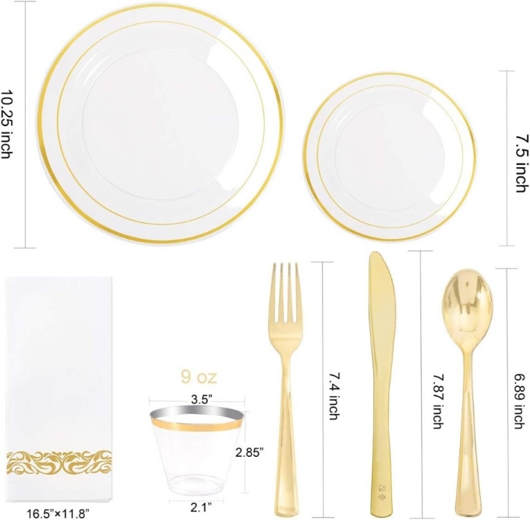6", 7.5", 9", 10.25" gold/silver Dinnerware set, Gold/silver Rims Plastic Plates