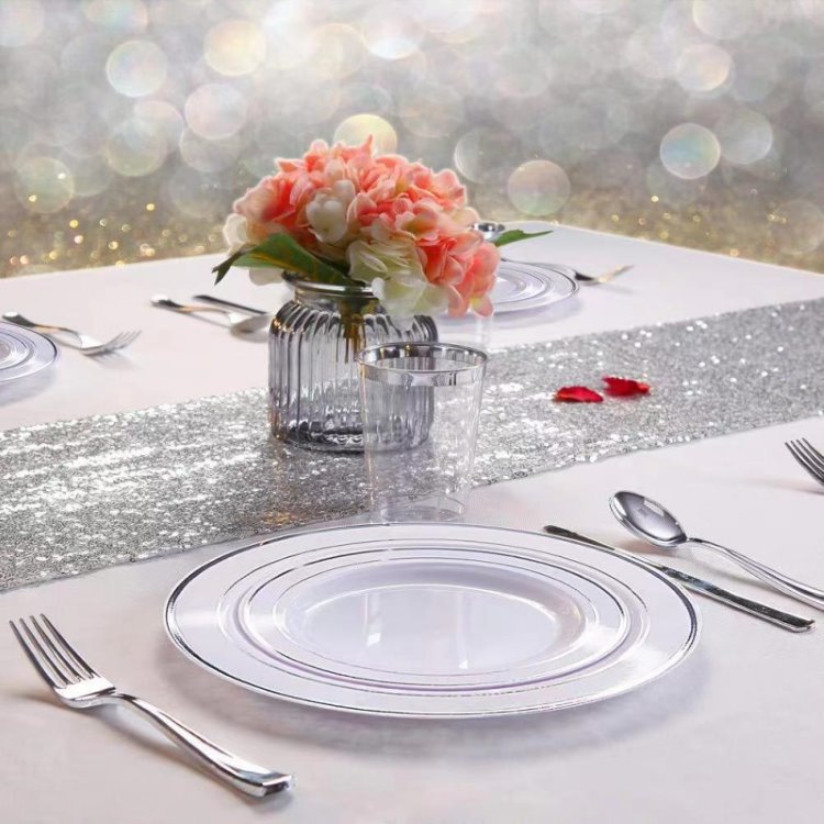6", 7.5", 9", 10.25" gold/silver Dinnerware set, Gold/silver Rims Plastic Plates