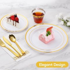 6", 7.5", 9", 10.25" gold/silver Dinnerware set, Gold/silver Rims Plastic Plates