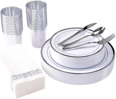 6", 7.5", 9", 10.25" gold/silver Dinnerware set, Gold/silver Rims Plastic Plates