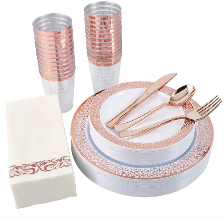 6", 7.5", 9", 10.25"Dinner Dessert Plate White Gold rose silver lace rim plates Dinnerware set