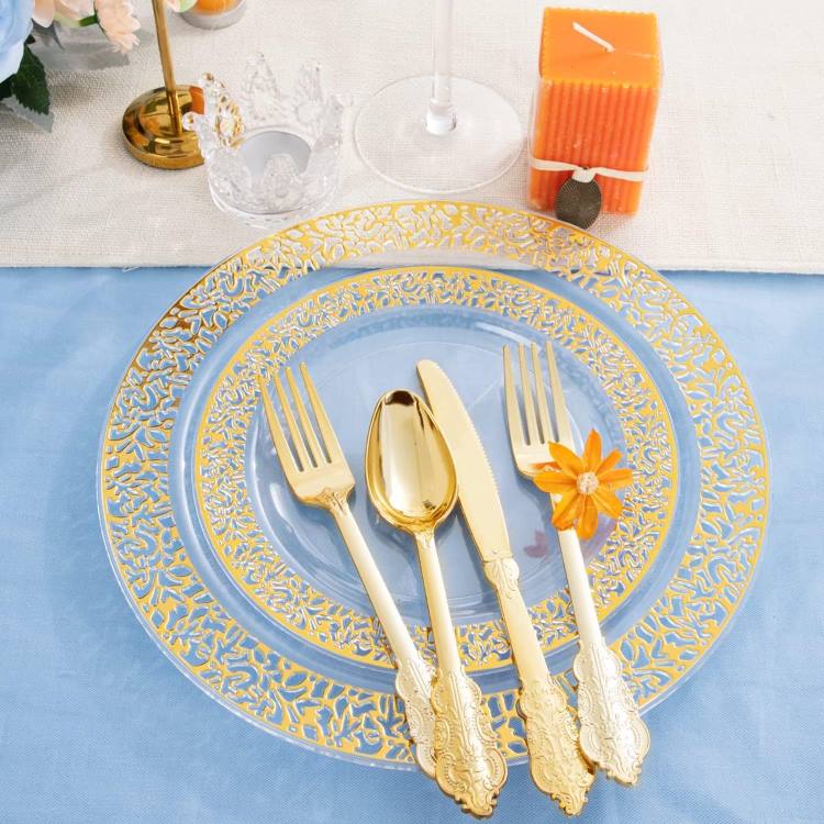 6", 7.5", 9", 10.25"Dinner Dessert Plate White Gold rose silver lace rim plates Dinnerware set