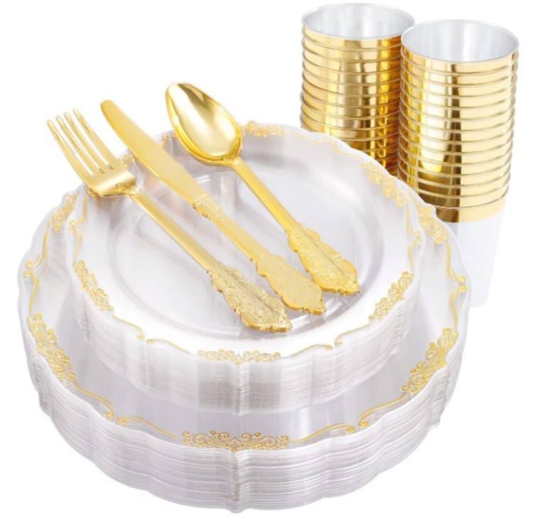 7.5", 10.25" Gold /Silver /Rose Rims Plastic Dinnerware Set
