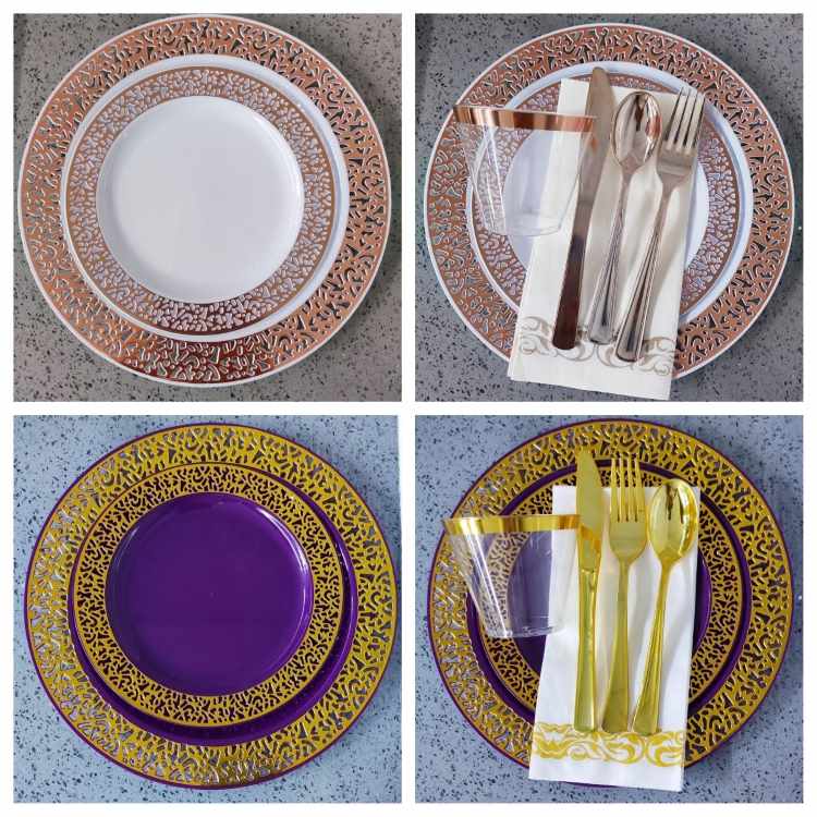 6", 7.5", 9", 10.25"Dinner Dessert Plate White Gold rose silver lace rim plates Dinnerware set