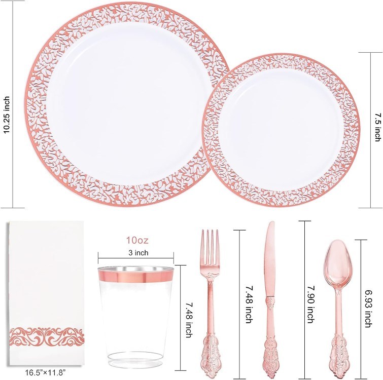 6", 7.5", 9", 10.25"Dinner Dessert Plate White Gold rose silver lace rim plates Dinnerware set