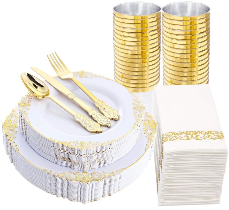 7.5", 10.25" Gold /Silver /Rose Rims Plastic Dinnerware Set