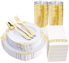 7.5", 10.25" Gold /Silver /Rose Rims Plastic Dinnerware Set