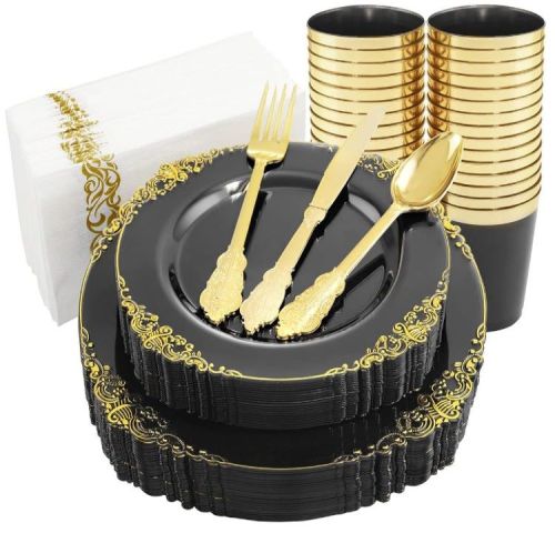 7.5", 10.25" Gold /Silver /Rose Rims Plastic Dinnerware Set