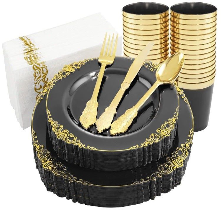 7.5", 10.25" Gold /Silver /Rose Rims Plastic Dinnerware Set