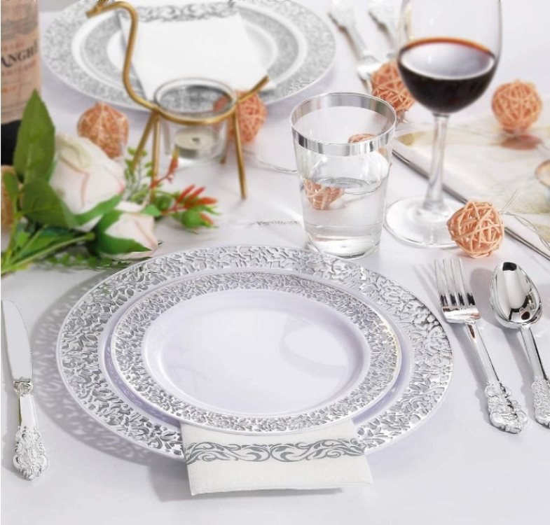 6", 7.5", 9", 10.25"Dinner Dessert Plate White Gold rose silver lace rim plates Dinnerware set