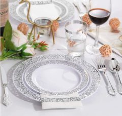 6", 7.5", 9", 10.25"Dinner Dessert Plate White Gold rose silver lace rim plates Dinnerware set