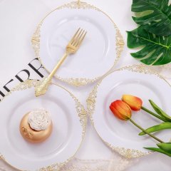 Extra Heavyweight 25 Guests Black White Gold rim Party wedding Supplies Disposable dinner Plastic Charger Plates dishes antique tableware dinnerware set