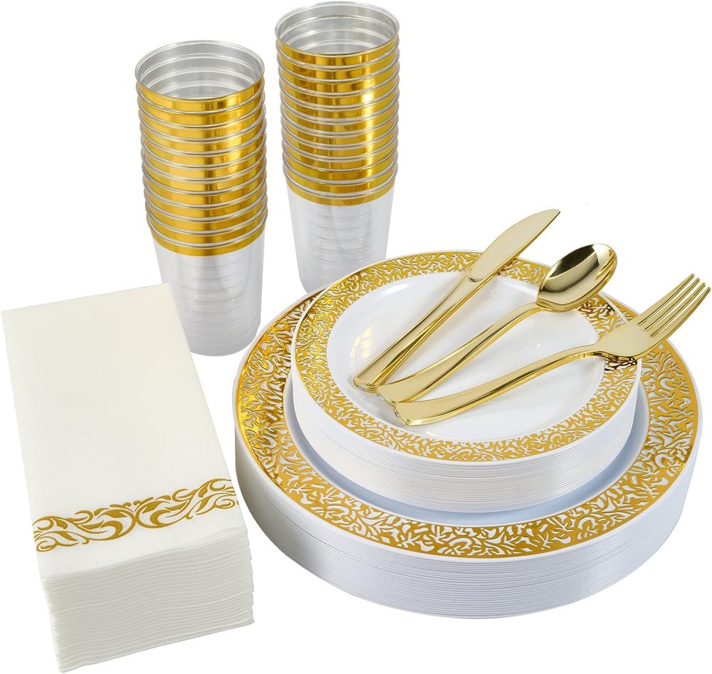 Hollow Out Lace Gold Rim Disposable Plastic party Dinner Plates bulk tableware wholesale manufacturer